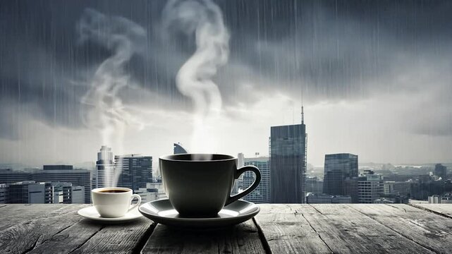 Warm coffee in a mug with steam