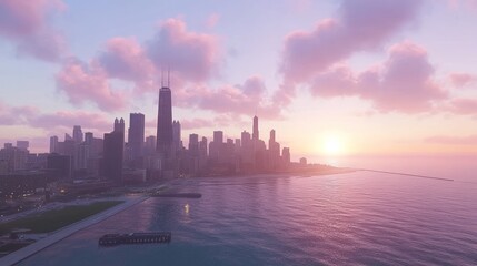 Stunning cityscape sunrise over lake, hazy pink sky, modern buildings, calm water.