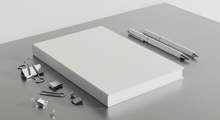 Blank Book with Pen and Clip on Table