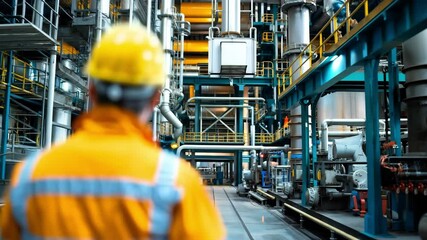 Worker inspects machinery in large industrial facility during daytime shift
