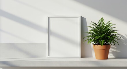 White Frame and Fern in Pot on Shelf