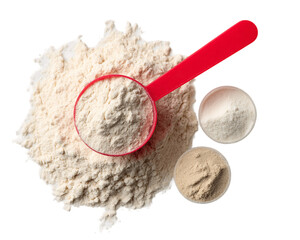 Beige Protein Powder with Red Scoop and Portions on Transparent Background, PNG