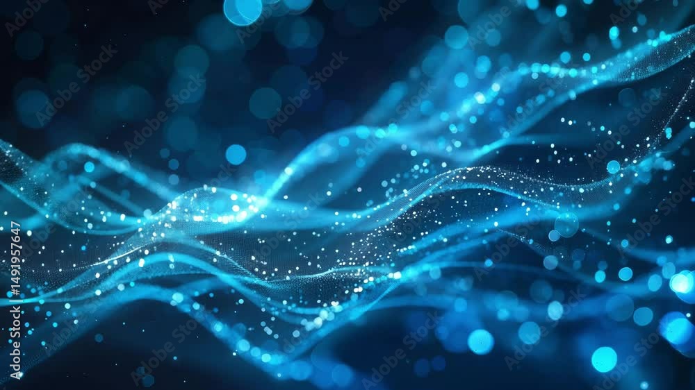 Poster exploring mesmerizing blue wave patterns with sparkling light effects in a captivating digital displ