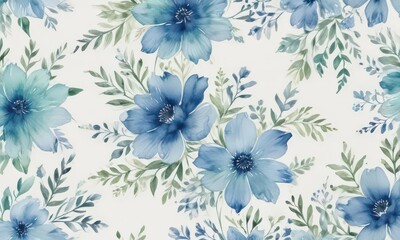 Fototapeta premium Creamy white background with delicate blue and green watercolor floral pattern , blue, leaf