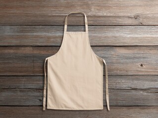 Beige apron flat lay on rustic wood background for cooking baking crafting or gardening studio shot