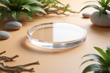 Serene Arrangement of Natural Elements with a Glass Dish