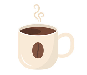 Steaming cup of coffee in a light mug with coffee bean, vector eps10 illustration