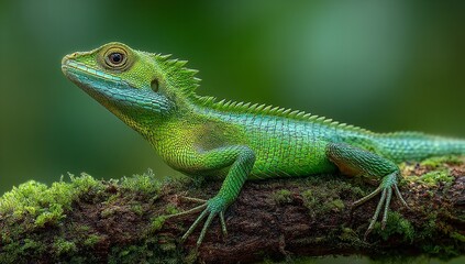 Fototapeta premium Green lizard perched on mossy branch in tropical rainforest with lush green background