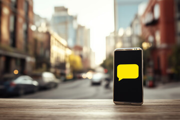 Photo of a modern smartphone with a yellow chat bubble on a table, with a blurred city street background.