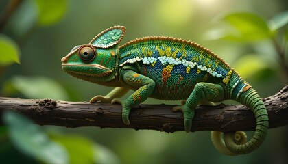 Fototapeta premium Panther Chameleon on Branch with Natural Background for Wildlife and Nature Photography