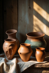 clay pots on a wooden table