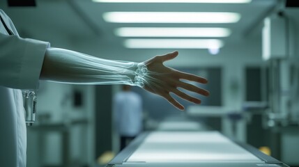 A doctor s arm overlaid with a luminous skeletal structure offering insight in a clinic s muted