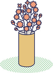 円筒形の花瓶に入った花の枝のカラーイラスト