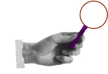 Hand with a magnifying glass. Art collage.