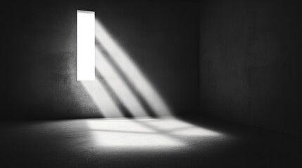 Obraz premium Sunbeams illuminate a dark, empty room through a high, narrow window.
