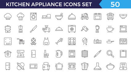 Kitchen appliance line web icon. Oven, mixer, dishwasher, food processor, vector illustrations