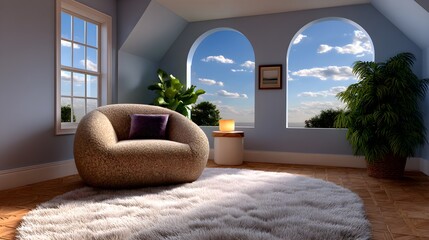 Living room scene with half-cleaned carpet, daylight beaming in