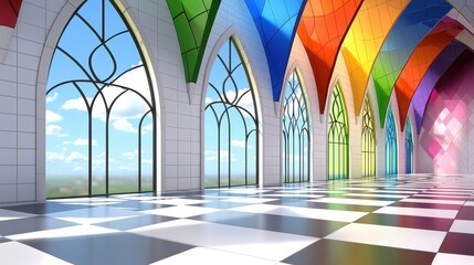 Bright Hallway with Rainbow Drapes and Checkered Floor