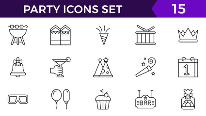 Party line icon set. Included icons as celebrate, celebration, dancing, music, congrats and more.