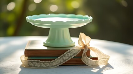 Pastel Green Cake Stand on Vintage Books with Lace Ribbon