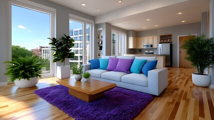 Fototapeta premium Modern apartment living room with cleaner working on large area rug