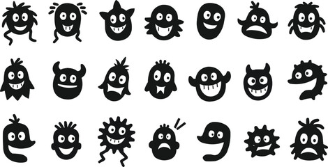  funny face icons, weird emoji black vector, quirky expression icons,