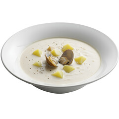 Creamy Clam and Potato Soup in a White Bowl