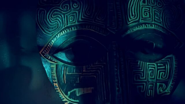 Close-up of an African tribal mask with decorative carvings and a mysterious dark mood with shadows for a dramatic effect.