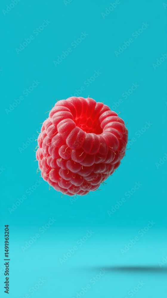 Poster single raspberry floating on blue background studio shot close up view vibrant color fresh fruit hea