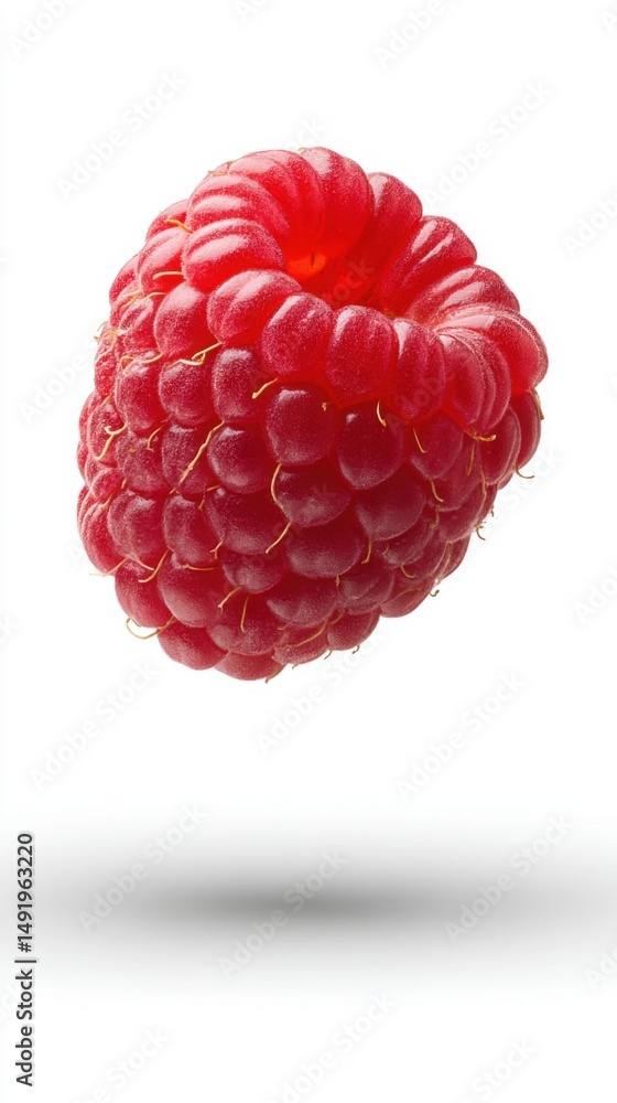 Poster close-up of a single raspberry floating in mid-air on white background studio shot for food and beve