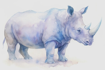 Obraz premium Elegant watercolor painting of a majestic rhinoceros standing on a soft white background