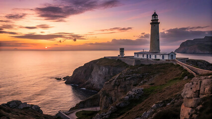 Fototapeta premium Dramatic Coastal Lighthouse Sunset Majestic Architecture Towering Over Cliffs Breathtaking Scenery Reflective Water Calm Serene