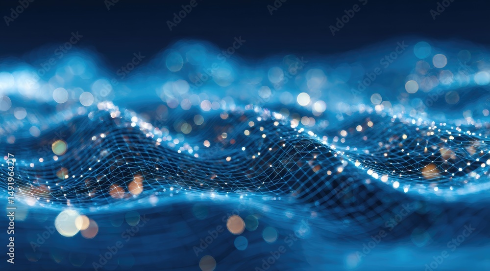 Poster abstract digital landscape. a network of shimmering points and lines, creating a rippling, undulatin
