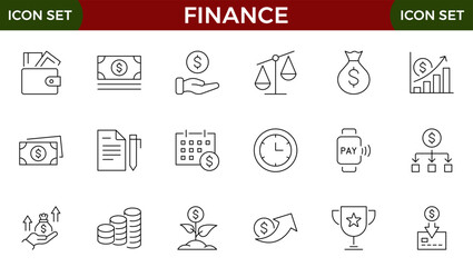 Finance line web icons Money and Coins. Cash, Credit Cards, Money Bag, Containing banking, Investment, income, accounting, money, loan.