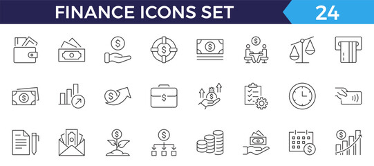 Finance line web icons Money and Coins. Cash, Credit Cards, Money Bag, Containing banking, Investment, income, accounting, money, loan.