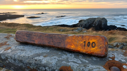 A weathered marker shows a hundred by the ocean on a tranquil dawn