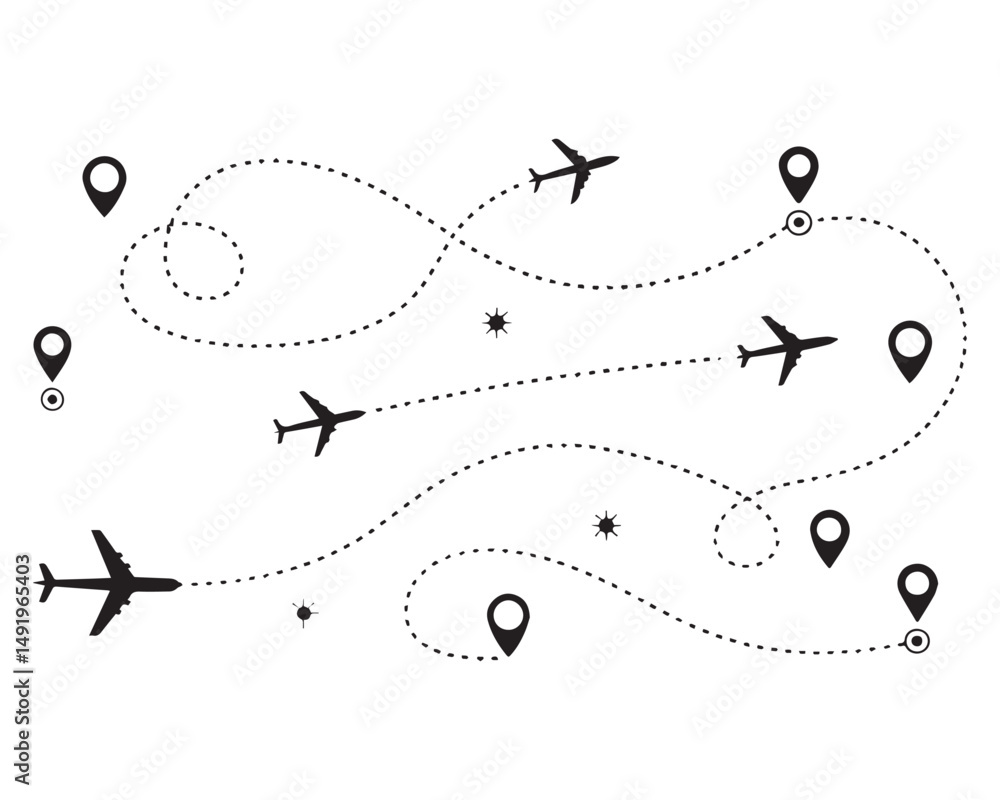 Poster the flight path of the aircraft from the point of location along the dotted line.airplane dashed lin