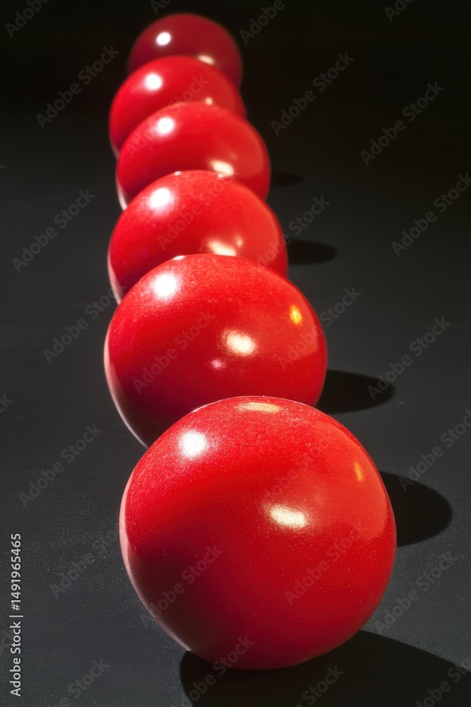 Poster row of red spheres close up on black surface studio shot minimalist style simple composition