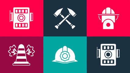 A set of firefighter icons represent courage and safety in vibrant minimalist pop art white on bold