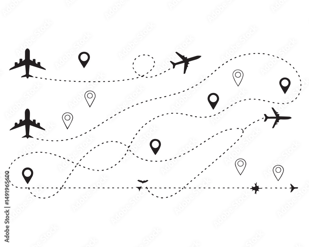 Poster the flight path of the aircraft from the point of location along the dotted line.airplane dashed lin