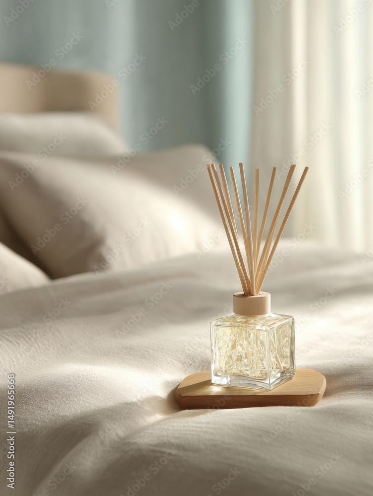 Aufkleber reed diffuser resting on bed in bedroom setting close up shot adding fragrance and aromatherapy to h