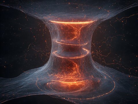 The concept of a surreal, luminous wormhole powered by quantum entanglement for time travel.