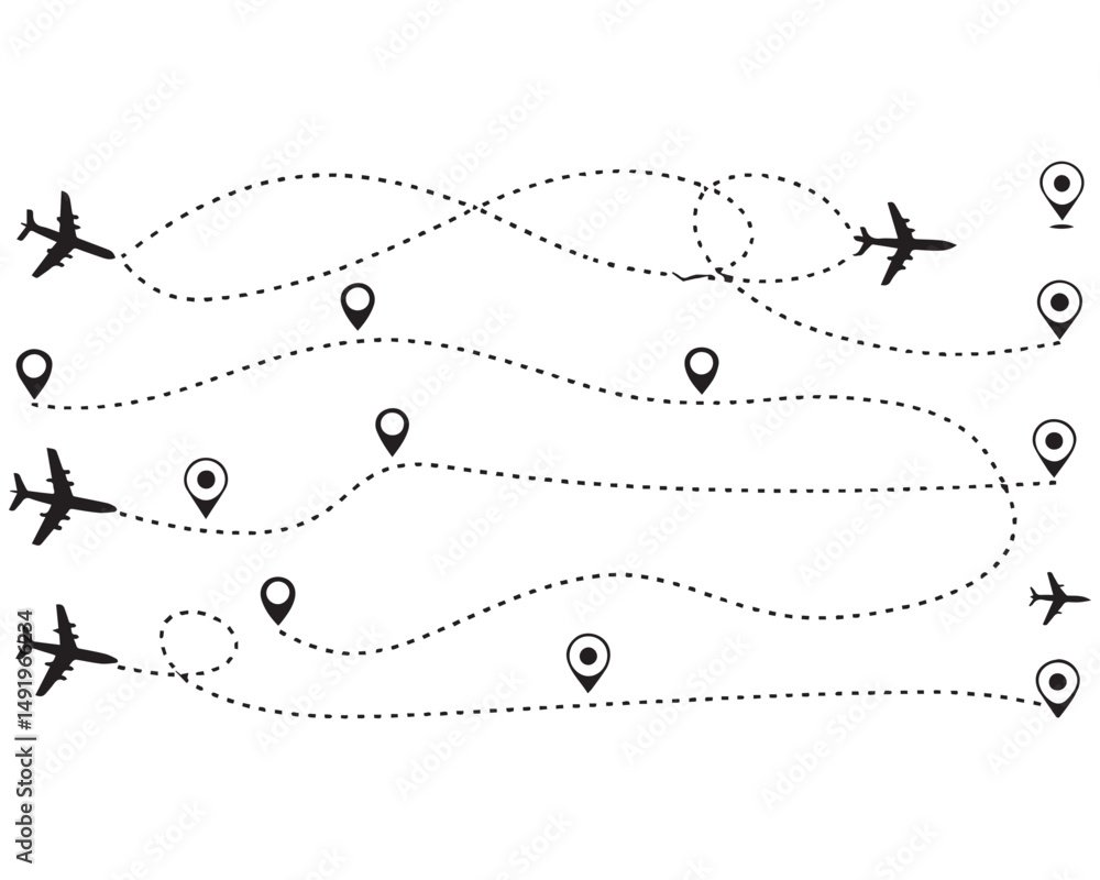 Poster the flight path of the aircraft from the point of location along the dotted line.airplane dashed lin