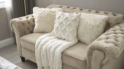 White couch with a white blanket draped over it