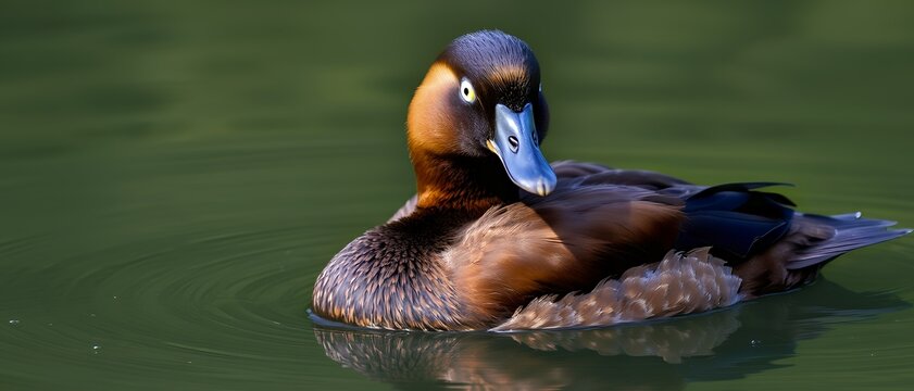 Striking close-up of a Tufted Duck (or similar diving duck) with intense eyes looking directly, swimming on calm green water, ideal for bird identification guides, detailed wildlife photography