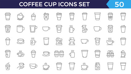 Coffee cup line web icons. Disposable coffee cup. Coffee paper cup, plastic container for hot and cold drink, juice, tea.