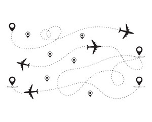 Airplane line path travel line icon vector, airplane location path in dotted line, airplane routes dashed line trace point to finish isolated on white background.Airplane route trace flight vector ill