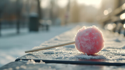 Iced sweet treat on a snowy bench capturing a frosty winter season delight