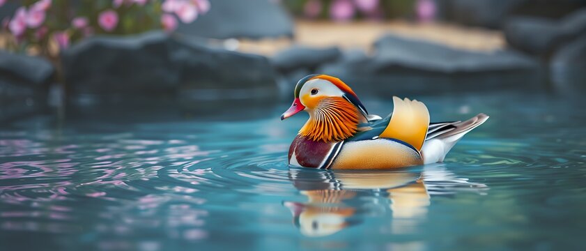 Exquisite Mandarin Duck swimming gracefully on serene blue water with reflections, ideal for wildlife beauty, tranquility concepts, or as a symbol of love and fidelity