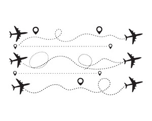 Airplane line path travel line icon vector, airplane location path in dotted line, airplane routes dashed line trace point to finish isolated on white background.Airplane route trace flight vector ill
